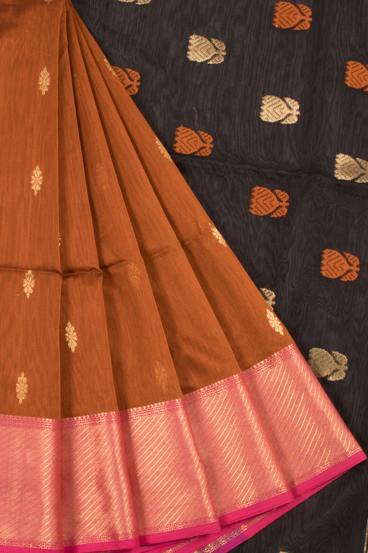 Brown Handloom Maheshwari Silk Cotton Saree with Floral Motifs, Zari Border and Floral Stripes Design Pallu