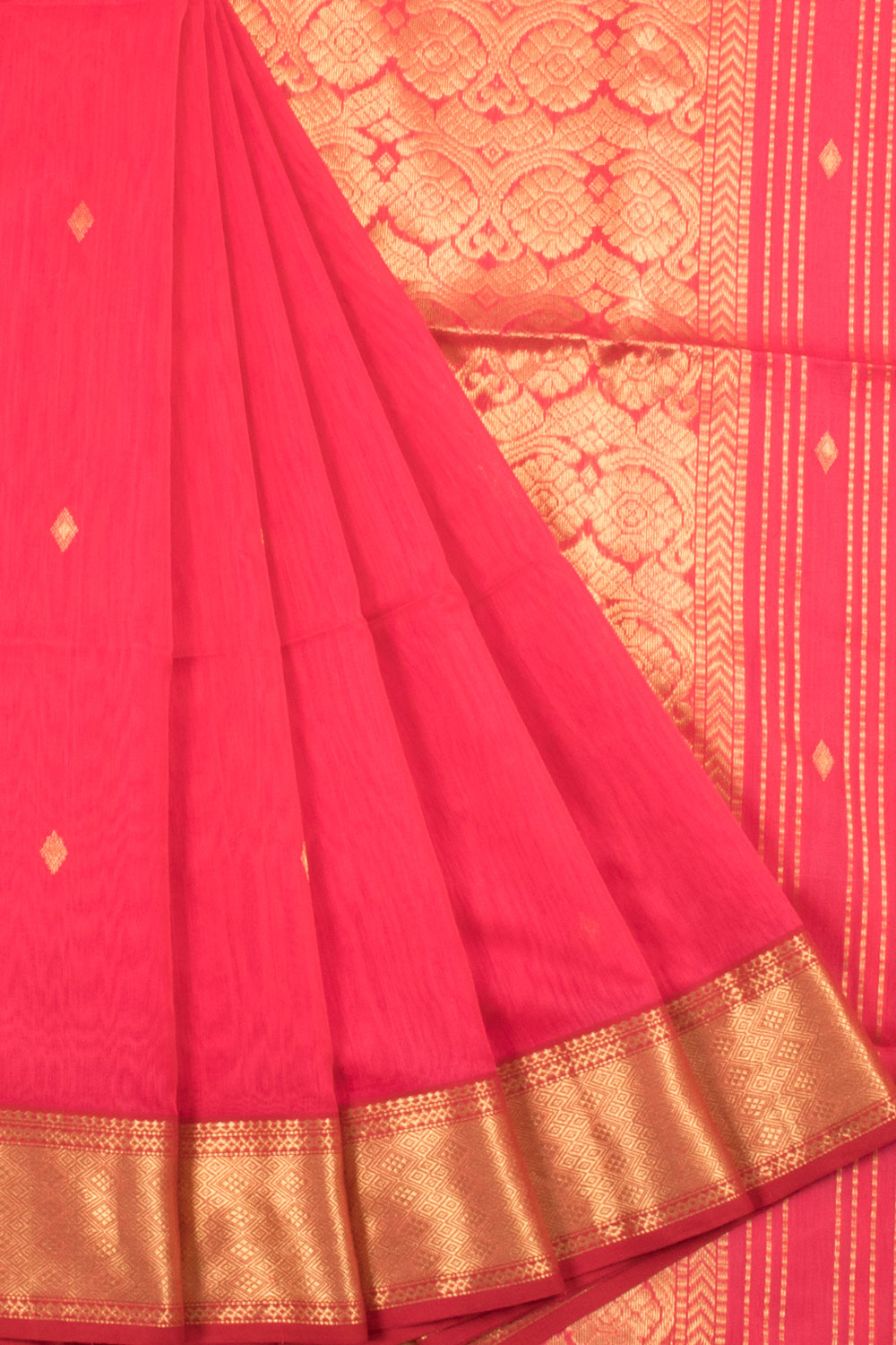 Folly Pink Handloom Maheshwari Silk Cotton Saree with Geometric Motifs, Chatai Border, Floral Pallu