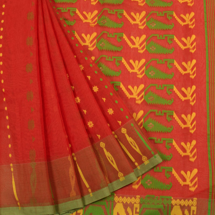 Handloom Dhakai Style Cotton Saree with Floral Zari Motifs 