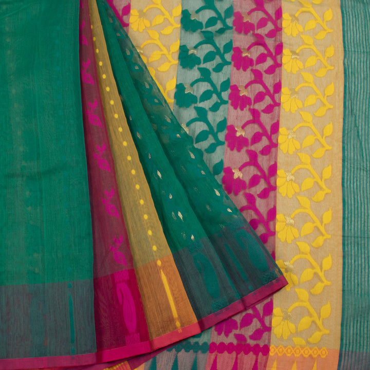 Handloom Dhakai Style Cotton Saree with Floral Zari Motifs and Partly Pallu Design