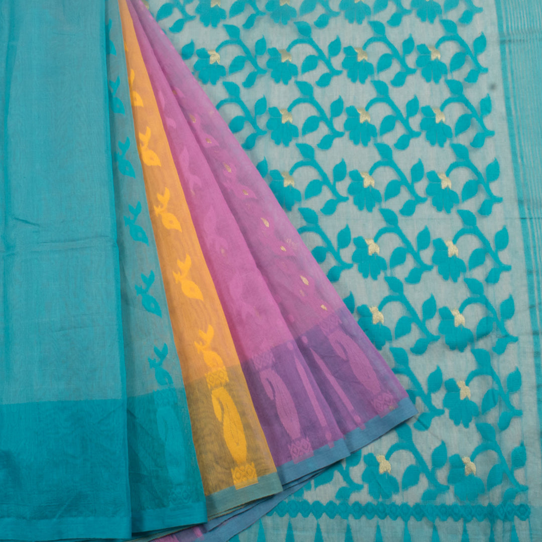 Handloom Dhakai Style Cotton Saree with Floral Zari Motifs and Partly Pallu Design