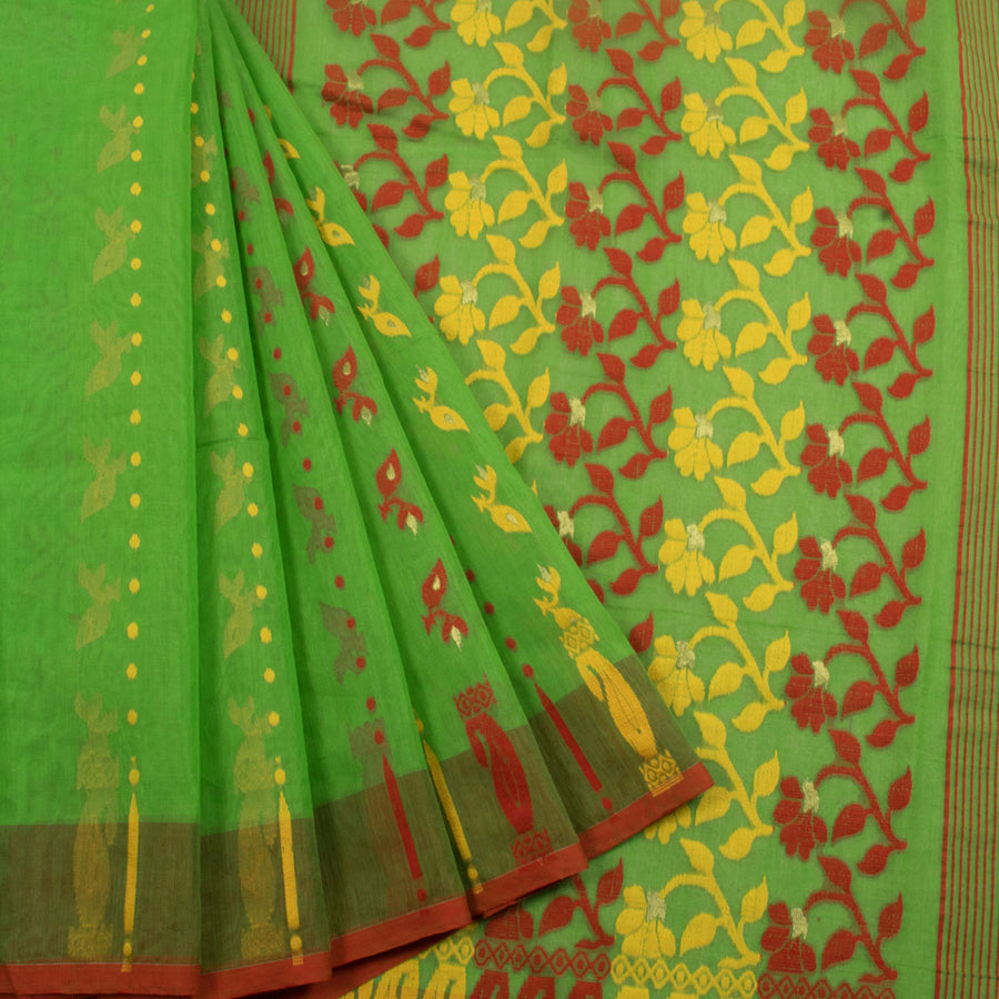 Handloom Dhakai Style Cotton Saree with Floral Zari Motifs