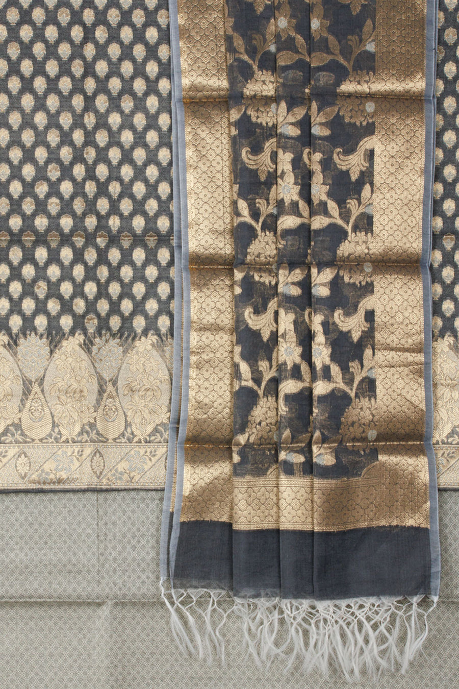 Grey Banarasi Katrua Silk Cotton 3-Piece Salwar Suit Material With Floral Motifs and Paisley Design