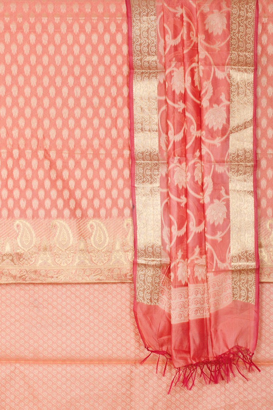 Peach Banarasi Katrua Silk Cotton 3-Piece Salwar Suit Material With Floral Motifs and Paisley Design