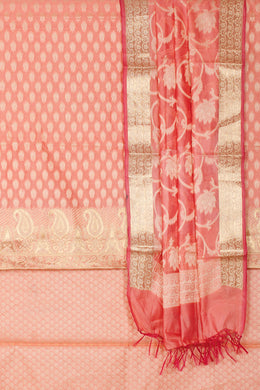 Peach Banarasi Katrua Silk Cotton 3-Piece Salwar Suit Material With Floral Motifs and Paisley Design