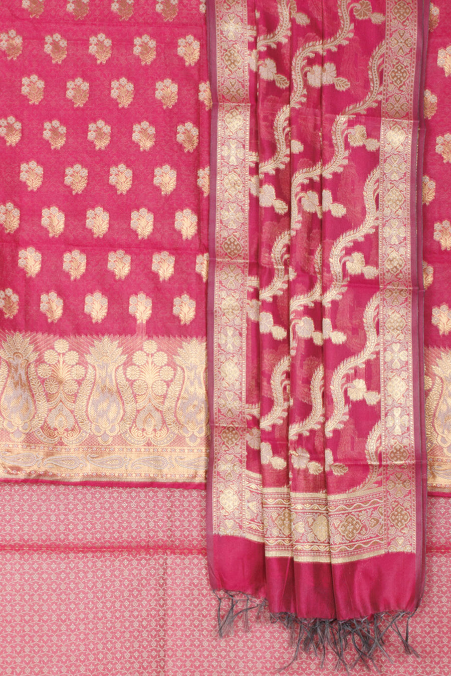 Magenta Banarasi Katrua Silk Cotton 3-Piece Salwar Suit Material With Floral Motifs and Paisley Design