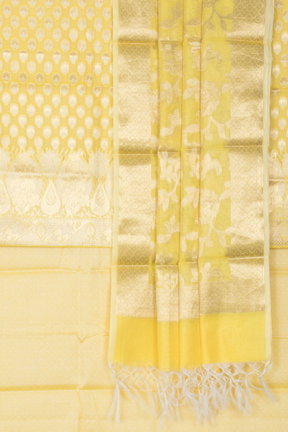 Yellow Banarasi  Silk Cotton 3-Piece Salwar Suit Material With Floral Motifs and Paisley Design