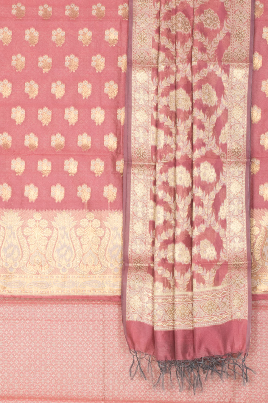 Banarasi Katrua Silk Cotton 3-Piece Salwar Suit Material With Floral Motifs and Paisley Design
