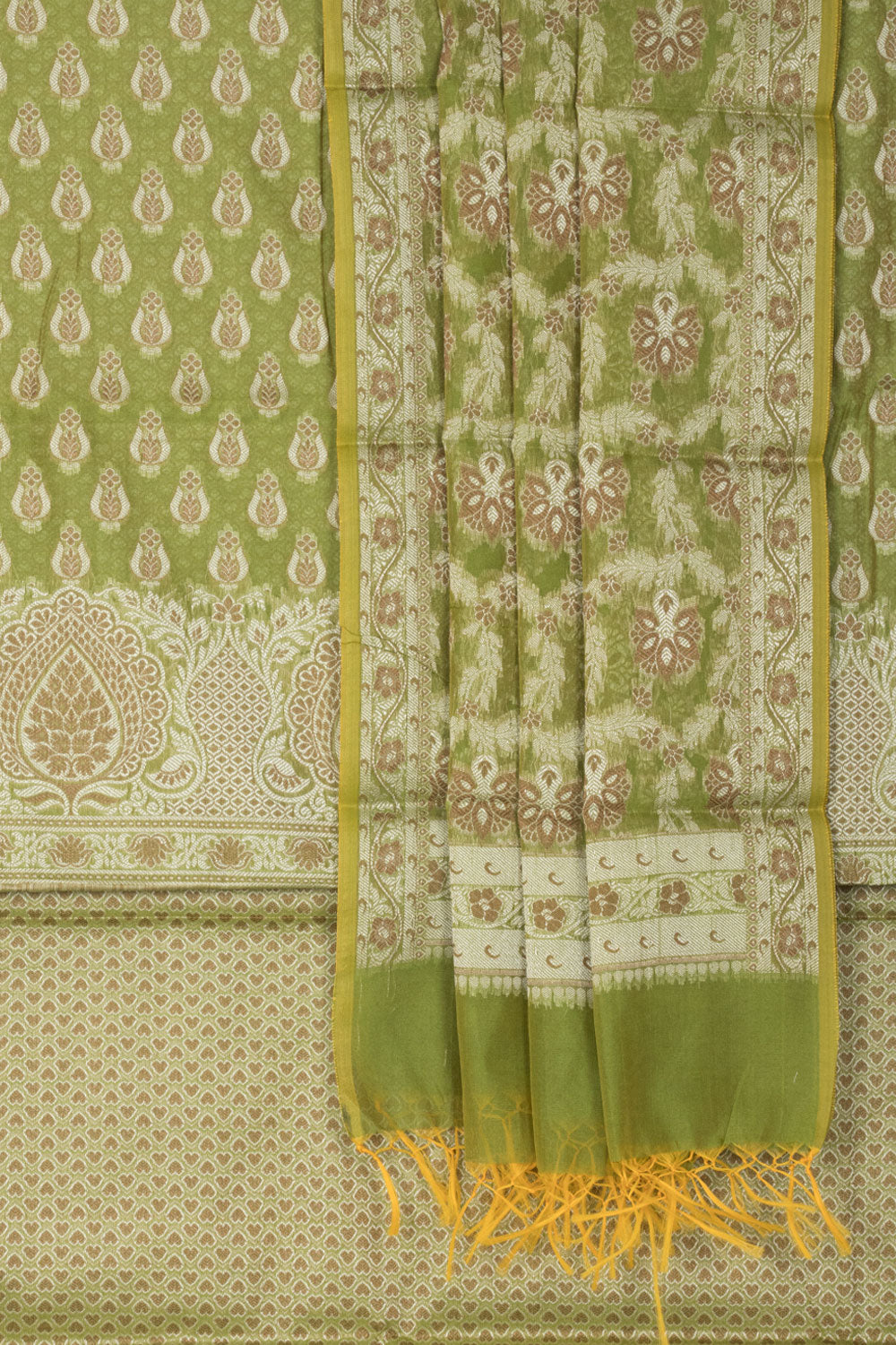 Apple Green Banarasi Katrua Cotton 3-Piece Salwar Suit Material With Floral Motifs