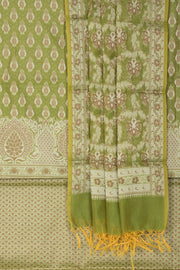 Apple Green Banarasi Katrua Cotton 3-Piece Salwar Suit Material With Floral Motifs