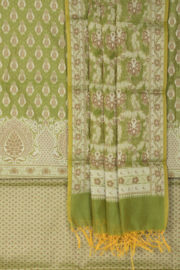 Apple Green Banarasi Katrua Cotton 3-Piece Salwar Suit Material With Floral Motifs
