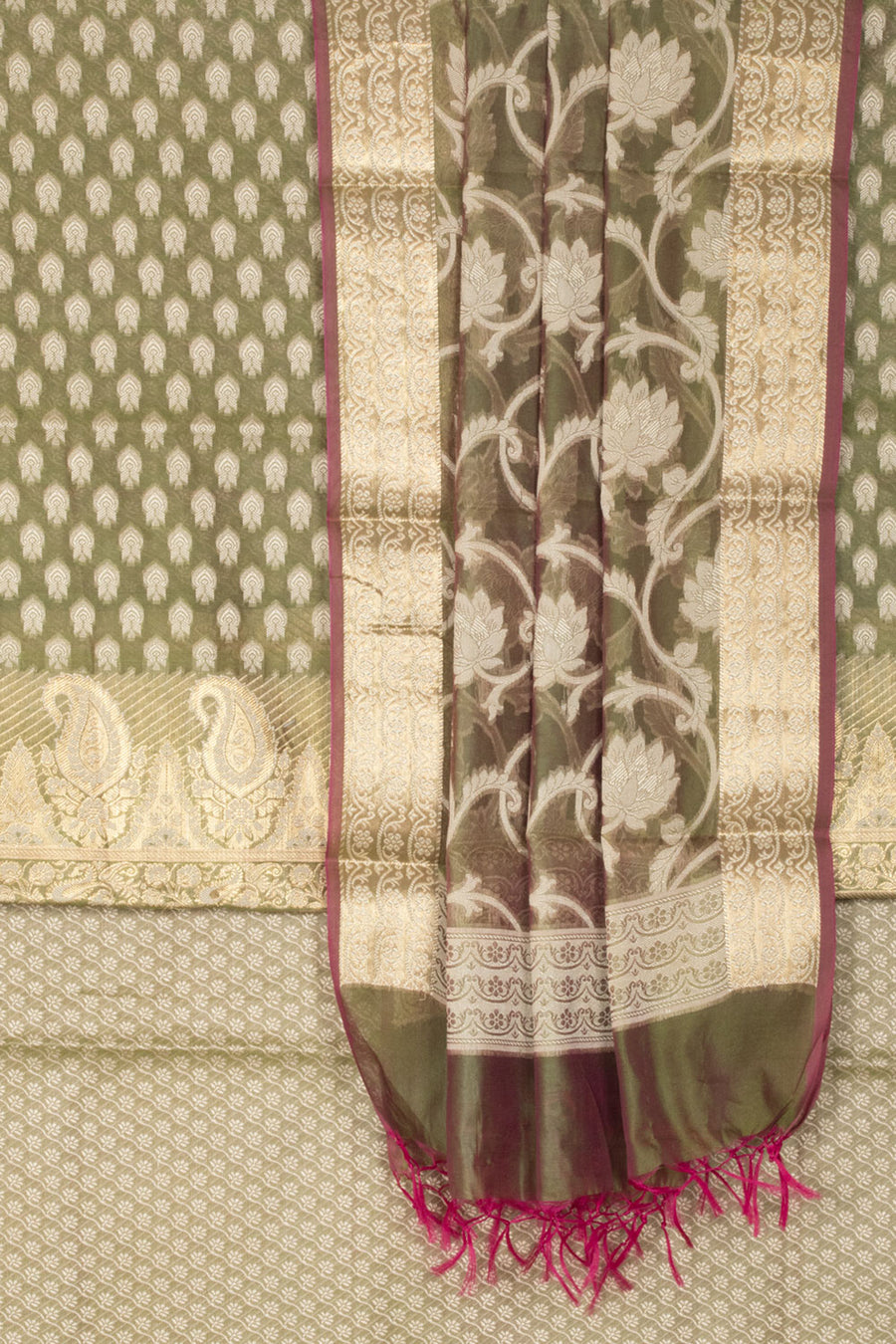 Avocado green Banarasi Katrua Cotton 3-Piece Salwar Suit Material With Floral and Paisley Motifs