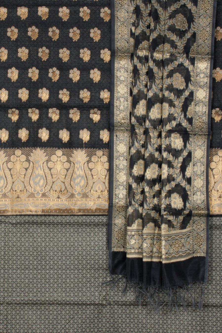 Grey Banarasi Katrua Cotton 3-Piece Salwar Suit Material with Floral and Paisley Motifs with tassels in Dupatta