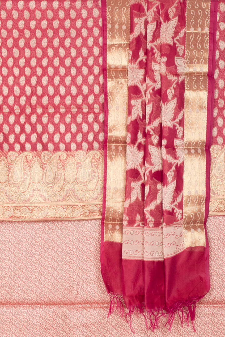 Amaranth Pink Banarasi Katrua Cotton 3-Piece Salwar Suit Material With Floral and Paisley Motifs