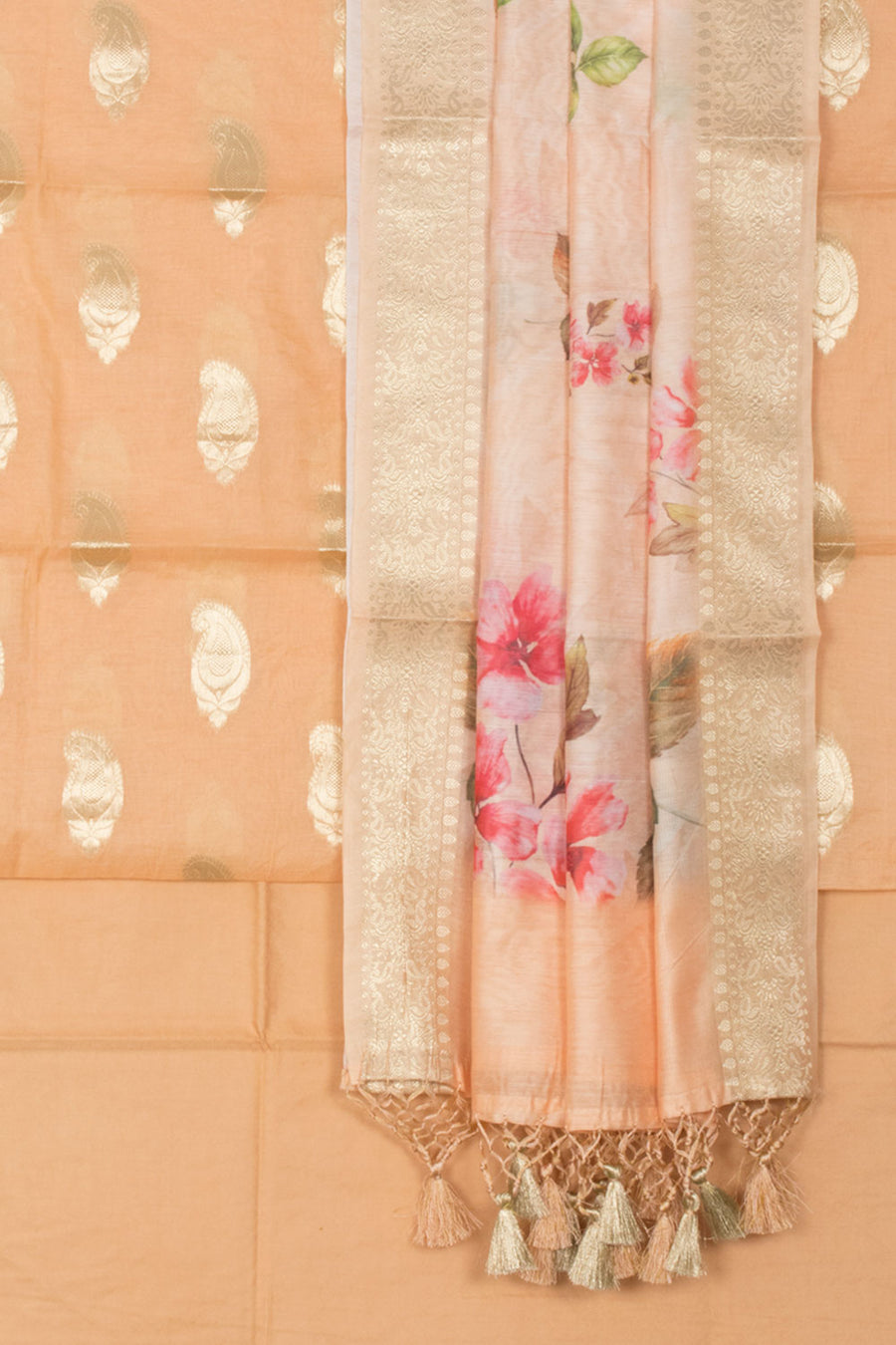 Butterscotch orange Banarasi Katrua Silk 3-Piece Salwar Suit Material with Floral Motifs and Digital Printed  Dupatta with tassels