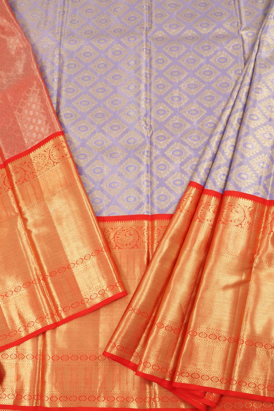 Universal Size Korvai Kanjivaram Tissue Pattu Pavadai Material with Floral Design and Zari Peacock Border