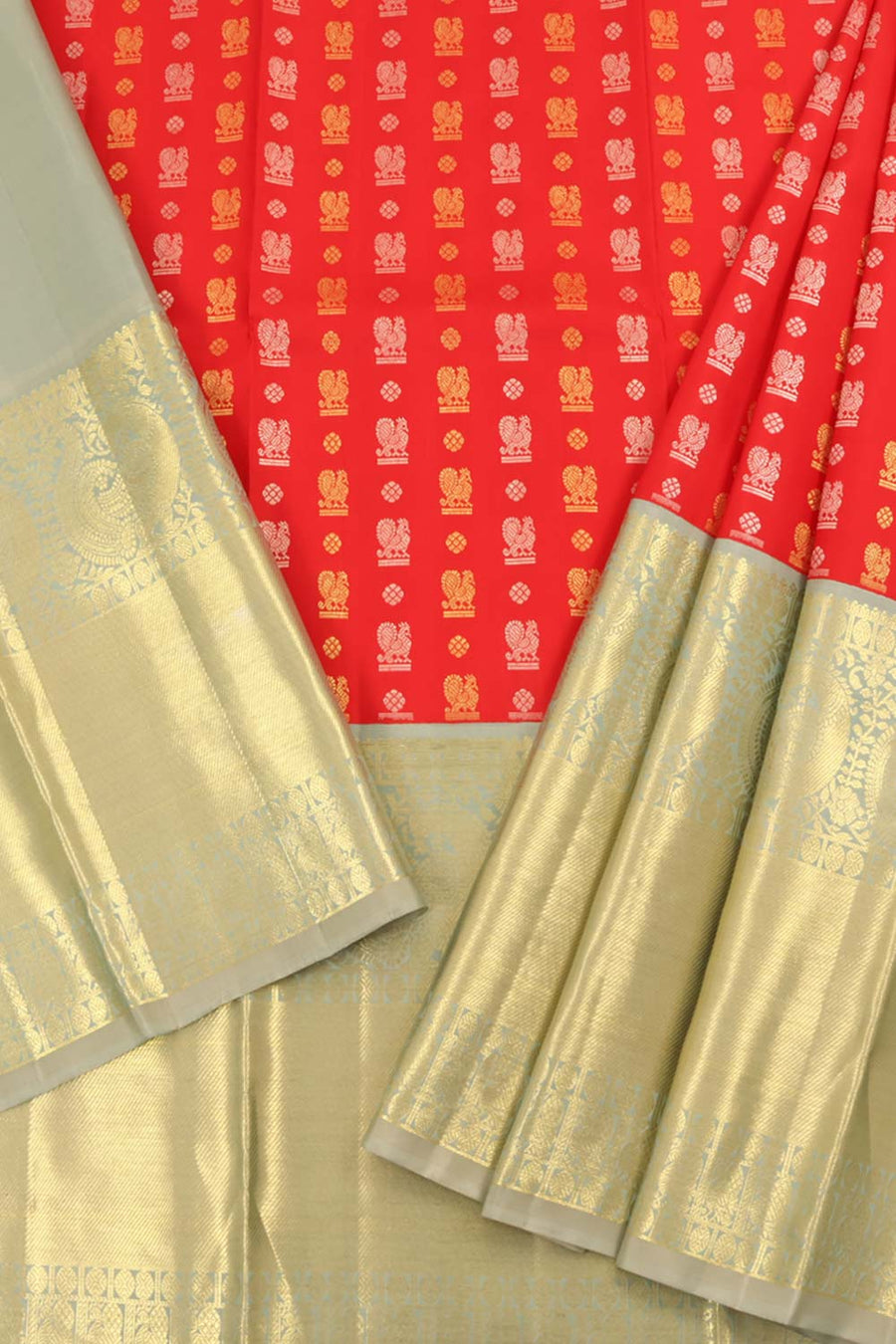 Universal Size Korvai Kanjivaram Pattu Pavadai Material with Zari Mayil Motifs Design and Peacock Border
