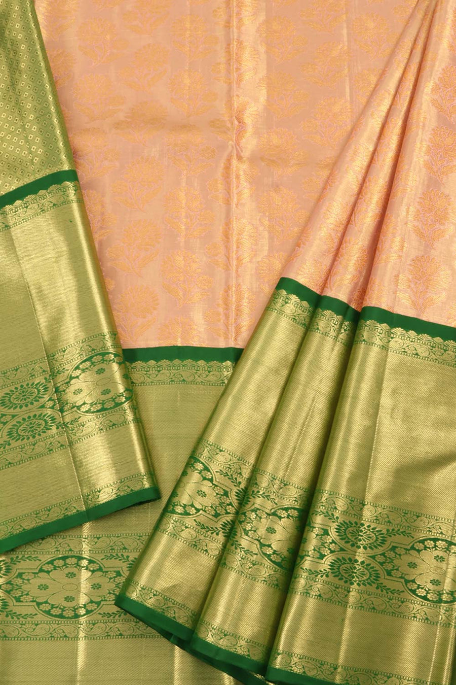 Universal Size Kanjivaram Tissue Pattu Pavadai Material with Floral Motifs and Zari Floral Border