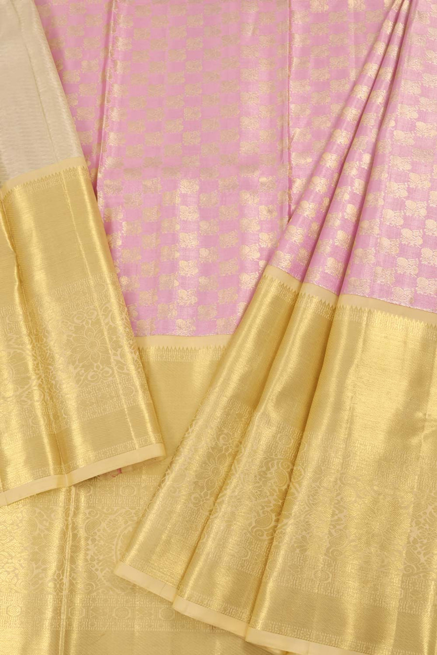Universal Size Korvai Kanjivaram Tissue Pattu Pavadai Material with Silver Zari Peacock Design and Floral Border