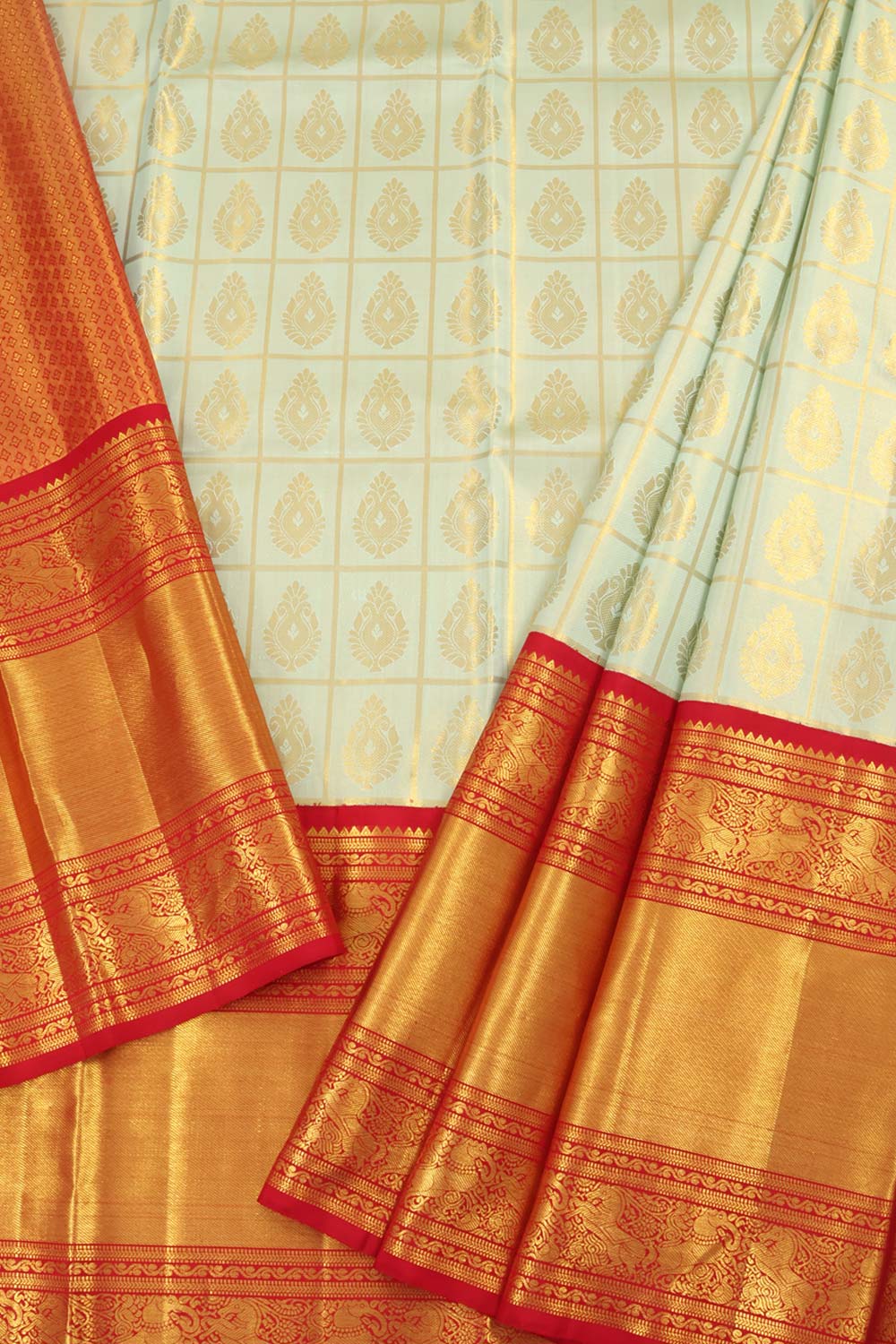 Universal Size  Korvai Kanjivaram Tissue Pattu Pavadai Material with Floral Checked Motifs Design and Gold Zari Yazhi and Horse Border