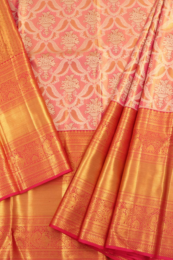 Universal Size Kanjivaram Tissue Pattu Pavadai Material with Floral Motifs and Zari Floral Border