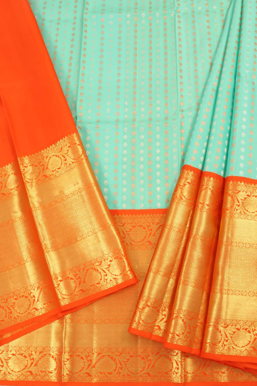 Universal Size  Korvai Kanjivaram Pattu Pavadai Material with Silver and Copper Zari Motifs Design and Floral Border
