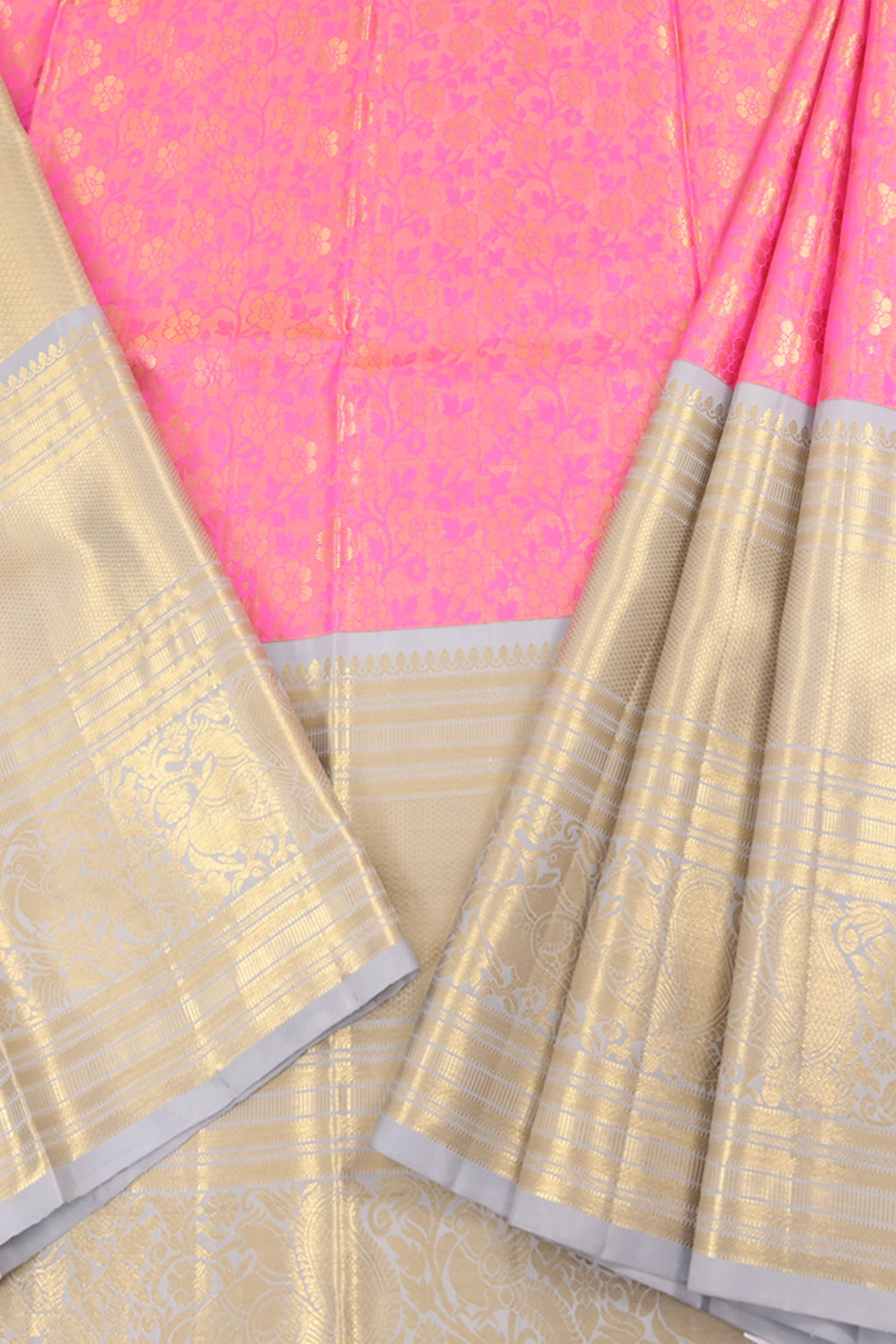 Universal Size Kanjivaram Tissue Pattu Pavadai Material with Floral Designs and Zari Peacock Border