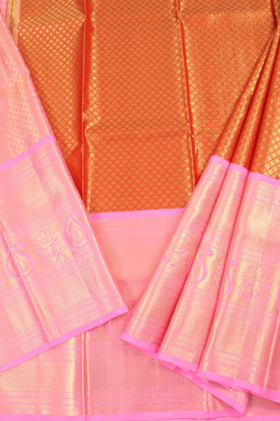 Universal Size Korvai Kanjivaram Silk Pattu Pavadai Material with Zari Floral Motifs and Lotus Border