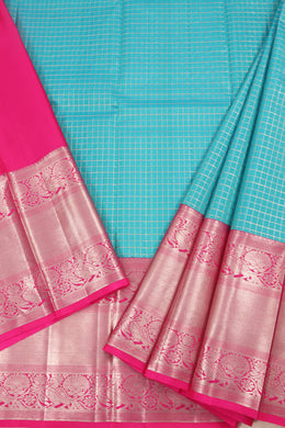 Universal Size Korvai Kanjivaram Pattu Pavadai Material with Silver Zari Checked Design and Peacock Border