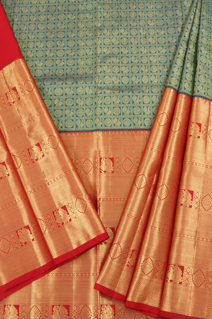 Universal Size Kanjivaram Pattu Pavadai Material with Zari Mayil Chakaram Motifs Design and Peacock Border