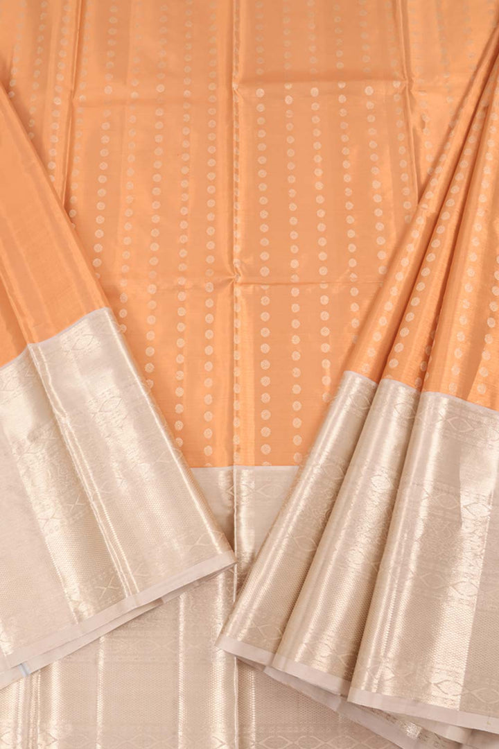 Universal Size Kanjivaram Tissue Pattu Pavadai Material with Silver Zari Chakra Motifs Design and Peacock Border 