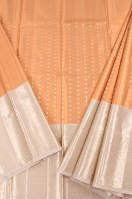 Universal Size Kanjivaram Tissue Pattu Pavadai Material with Silver Zari Chakra Motifs Design and Peacock Border 