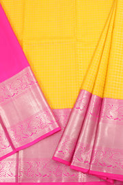 Universal Size Korvai Kanjivaram Pattu Pavadai Material with Silver Zari Checked Design and Peacock Border 