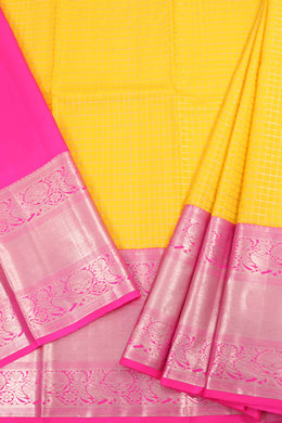 Universal Size Korvai Kanjivaram Pattu Pavadai Material with Silver Zari Checked Design and Peacock Border 