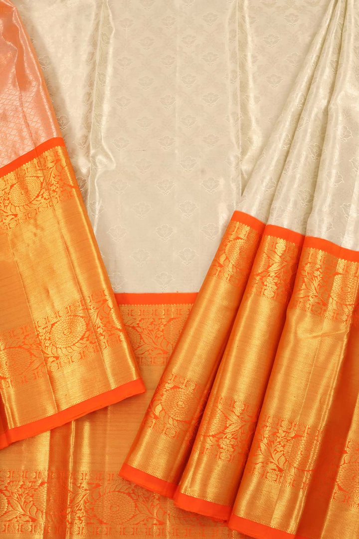 Universal Size Korvai Kanjivaram Tissue Pattu Pavadai Material with Silver Zari Floral Design and Floral Border 