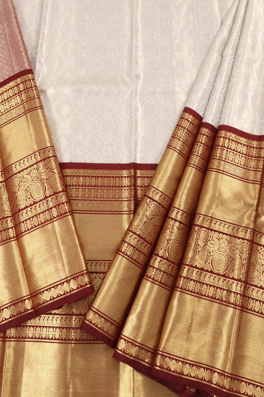 Universal Size Kanjivaram Tissue Pattu Pavadai Material with Silver Zari Floral Design and Gold Zari Peacock Border