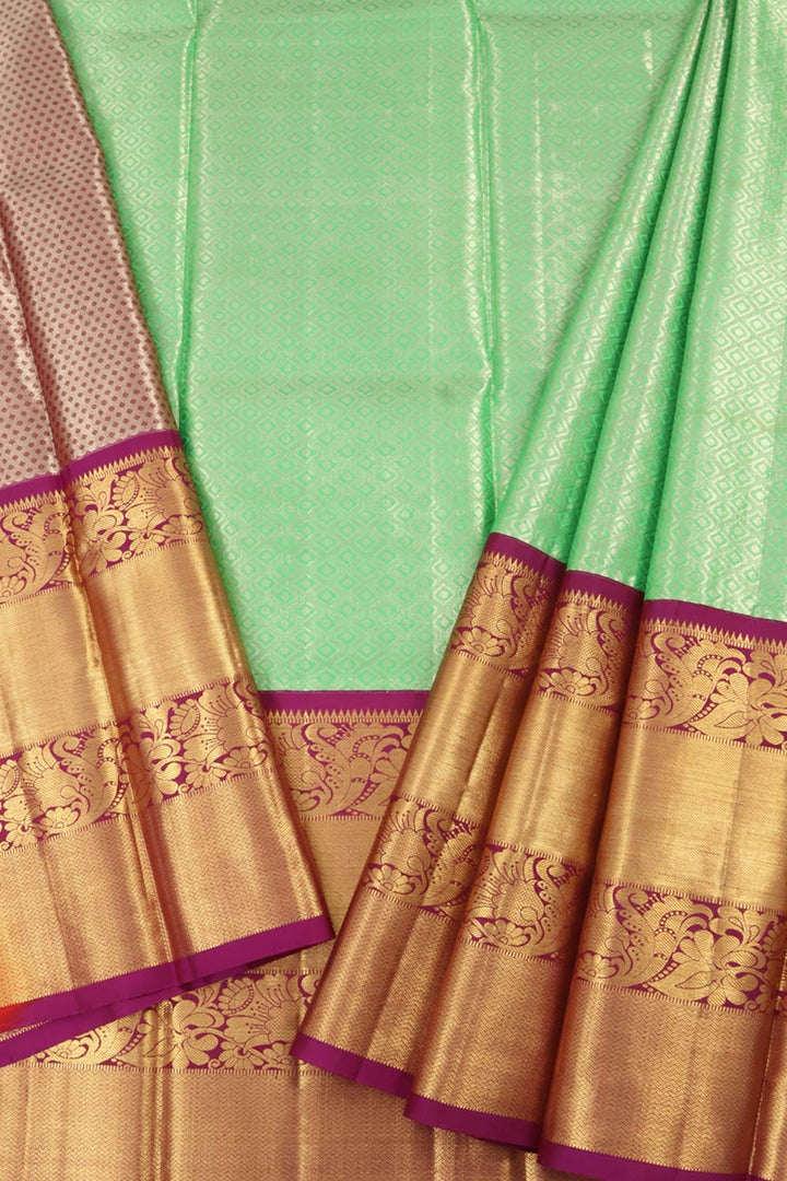 Universal Size Korvai Kanjivaram Pattu Pavadai Material with Geometric Design and Gold Zari Floral Design Border 