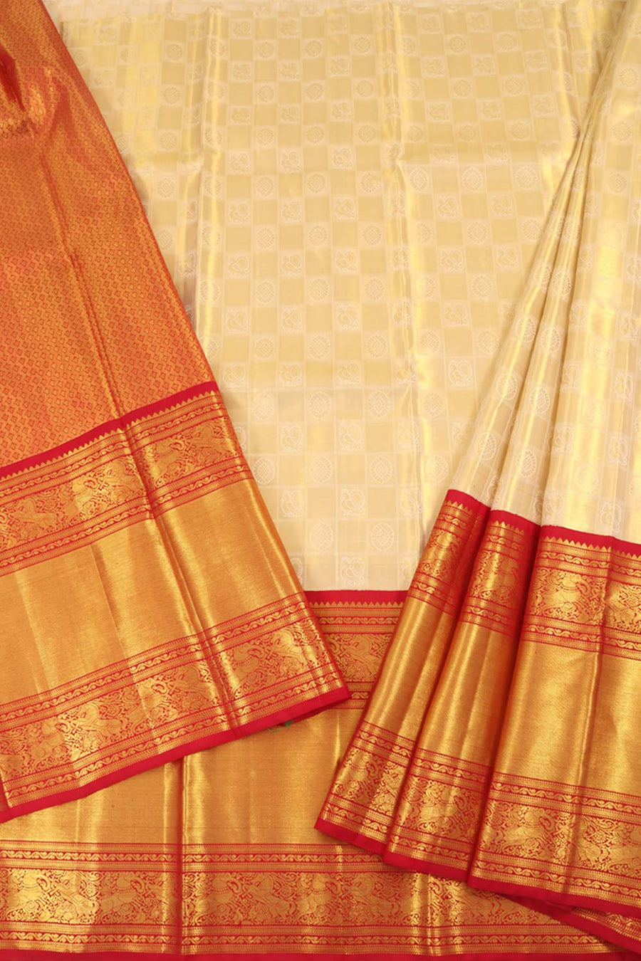 Universal Size Korvai Kanjivaram Tissue Pattu Pavadai Material with Mayil Chakaram Motifs Design and Gold Zari Yazhi and Horse Border