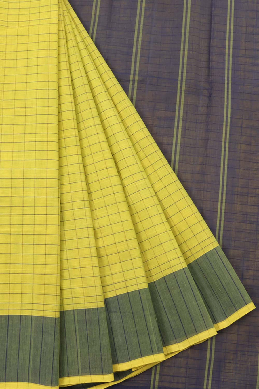 Handwoven Kanchi Cotton Saree with Checked and Stripes Design and Contrast Pallu with Thandavalam Design