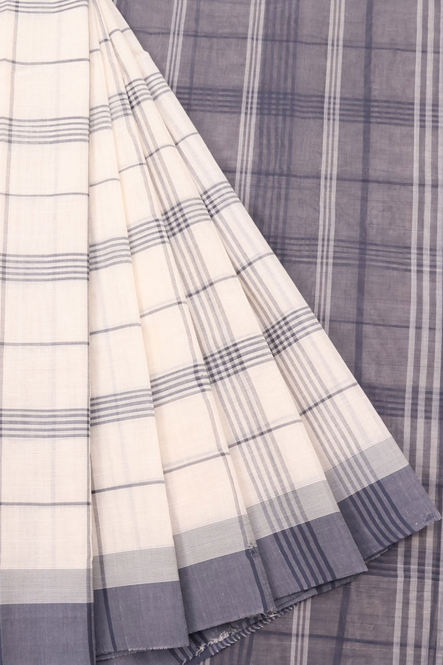 Handwoven Kanchi Cotton Saree with Checked and Stripes Design and Contrast Pallu