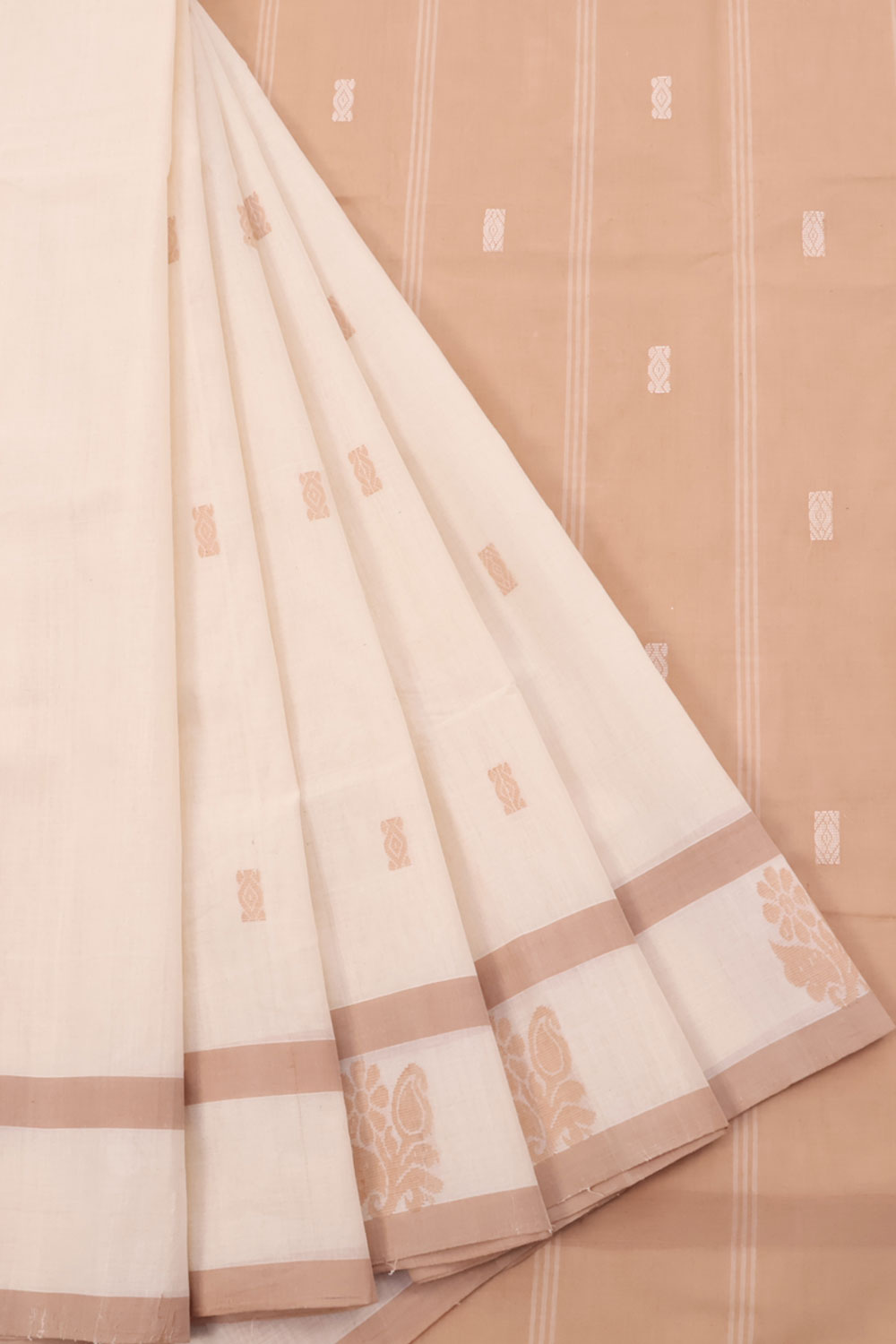 Cream Handwoven Kanchi Cotton Saree 10059650