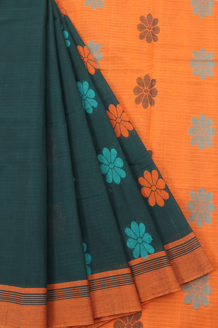 Handwoven Kanchi Cotton Saree with Floral Motifs and Contrast Pallu with Paisley Motifs