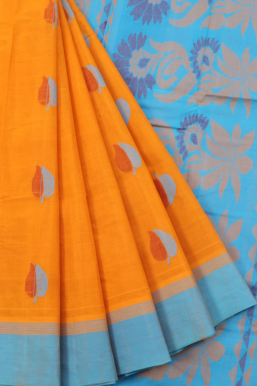Handwoven Kanchi Cotton Saree with Leaf Motifs Design  and Floral Design Pallu