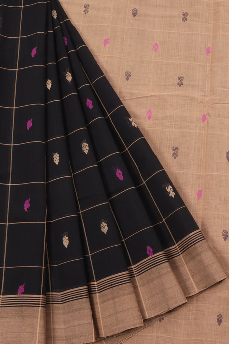 Handwoven Kanchi Cotton Saree with Checked Design, Stripes and Floral Motifs Pallu
