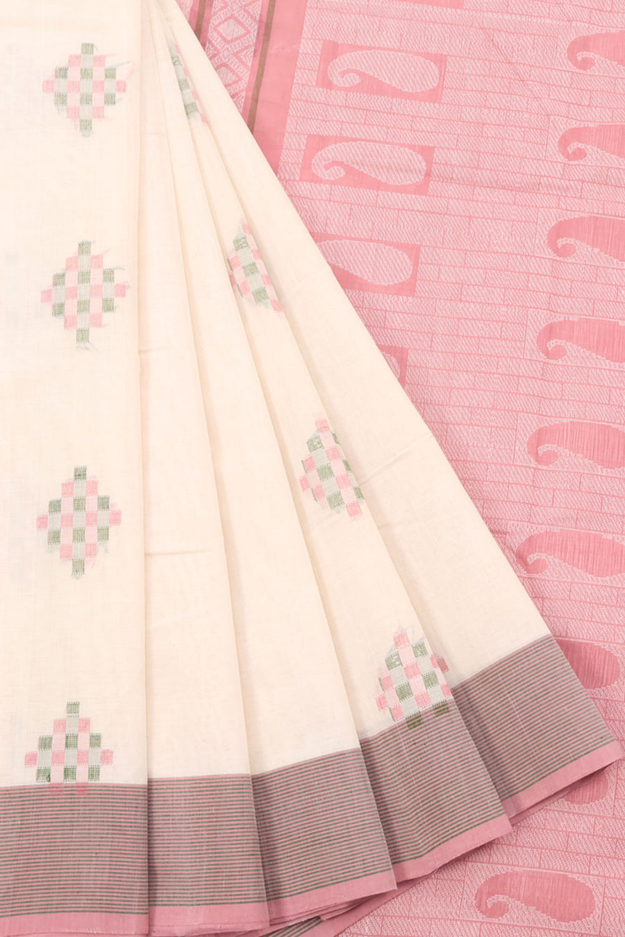 Handwoven Kanchi Cotton Saree with Checked Motifs Design, Stripes Border and Paisley Motif Pallu.