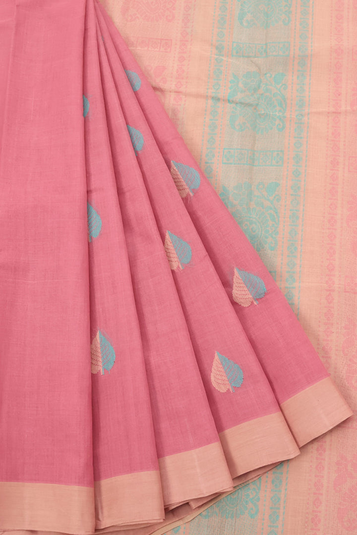 Handwoven Kanchi Cotton Saree with Leaf Motifs Design and Paisley Motifs Pallu