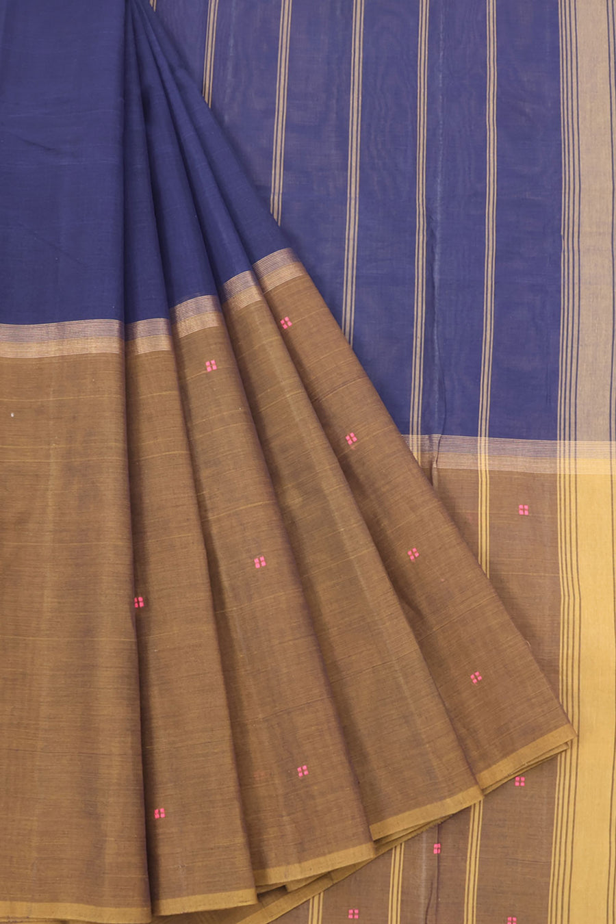 Handwoven Kanchi Cotton Saree with Muppagam and Zari Stripes Pallu