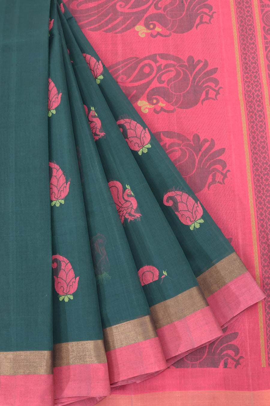 Handwoven Kanchi Cotton Saree with Peacock and Paisley Motifs Design and Contrast Pallu with Peacock Design