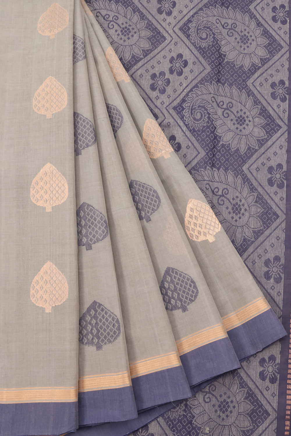 Handwoven Kanchi Cotton Saree with Gold Zari Leaf Motifs Design and Paisley Motifs Design Border 