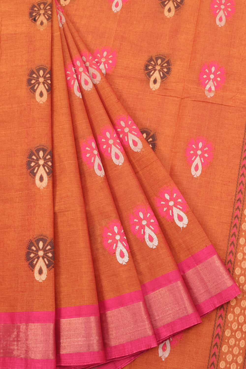 Handwoven Kanchi Cotton Saree with Silver and Copper Zari Floral Design and Floral Motifs Pallu with Zari Border